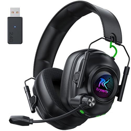 Krysenix Wireless Gaming Headset mit Mikrofon für PS5 PC Mac Switch | 2.4GHz + Bluetooth Modus, Noise Cancelling ,LED-Lichtern, faltbar,1000mAh Akku,Ideal für FPS, RPG - Tintenschwarz