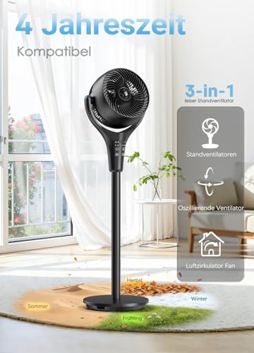 Standventilator Ventilator Leise, 38W Energiesparend Ventilator, 1200m³/h Luftvolumen 21M Windentfernung Turbo-Standventilator Fans 3 Modi 4 Windstufen 120°+ 90°Luftzirkulator Oszillation Ventilatoren