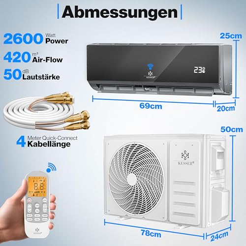 KESSER® Split Klimaanlage Set Quick Connect – WiFi & App Klimagerät mit Heizfunktion & Kühlmodus Wandklimaanlage, mit Kupferleitung 9000 BTU 2,6 kW Kältemittel R32 Inkl. Montagematerial