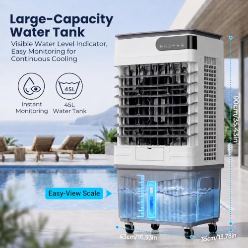 MIAOXIAOLONG 3531-70588 CFM Swamp Cooler, Tragbarer Verdunstungsluftkühler Mit 30L-60L Wassertank, 120° Oszillation, 3 Stufen, 12H Timer, Fernbedienung Für Garage, Terrasse, Große Räume 45L(40-50㎡)