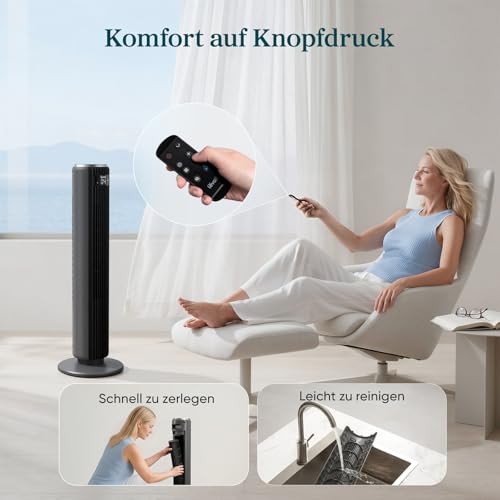 Levoit 20dB leiser oszillierender Kühl Turmventilator mit Schlafmodus | 4 Modi, 5 Stufen, 90° Oszillation, Timer und Fernbedienung, besonders leise Ventilator für Schlafen und Wohnen
