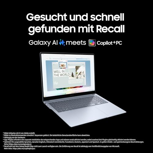 Samsung Galaxy Book4 Edge Galaxy AI-Laptop, 15,6-Zoll-Display, 16GB RAM, Snapdragon X Plus Prozessor, Notebook 256GB Speicher, Copilot+ PC, Sapphire Blue, 3 Jahre Herstellergarantie Windows 11 Home