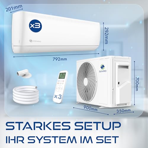 ZENIRO Multi Split Klimaanlage 3 Innengeräte Set (3 x 2,6kW) Klimagerät Air Conditioner mit Heizfunktion 21000 BTU 6,2kW A++ WiFi/App-Steuerung 4D AirFlow Heizen bis -20°C Vorgefüllt R32