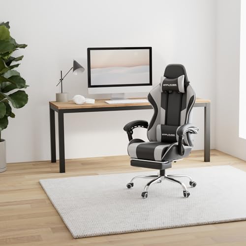 GTPLAYER Bürostuhl Gaming Stuhl Massage Gaming Sessel Ergonomischer Gamer Stuhl mit Fußstütze, Kopfstütze Massage-Lendenkissen, Gepolstert Gaming Chair, Drehsessel Kunstleder-weiß