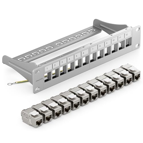 deleyCON 12 Port Patchpanel Set Patchfeld CAT6a 1 HE 10 Zoll - Grau | Modularer Rackeinbau mit 12x RJ45 Keystone Module, kompatibel mit CAT5 CAT6 CAT7 LAN Netzwerkkabel Verlegekabel
