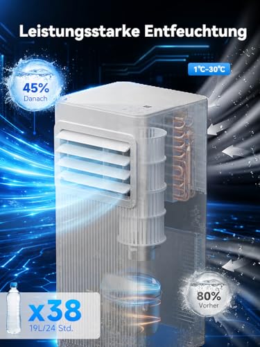 Mobile Klimaanlage mit Abluftschlauch 7000 BTU, 4-in-1 Mobiles Klimagerät (Kühlen, Entfeuchten, Ventilieren, Schlafmodus), Klimaanlage für Schlafzimmer & Wohnung, inkl. Fensterabdichtung, Weiß