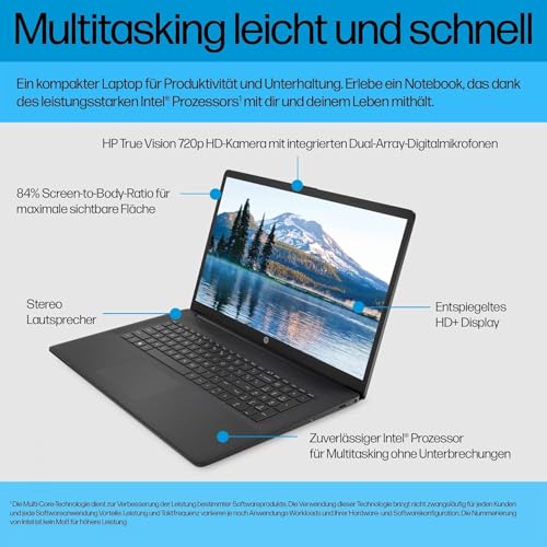 HP Laptop mit 17,3" HD+ Display, Intel Celeron N4120, 8 GB DDR4 RAM, 256 GB SSD, Intel UHD-Grafik, Windows 11, QWERTZ Tastatur, Schwarz