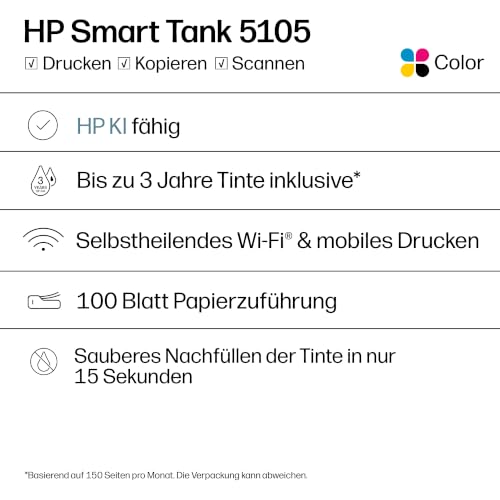 HP Smart Tank 5105 3-in-1 Multifunktionsdrucker (WLAN; Mobiles Drucken) – 3 Jahre Tinte inklusive, 3 Jahre Garantie, großer Tintentank, hohe Reichweite, Drucken in hoher Qualität