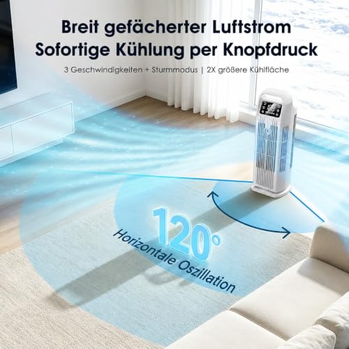 Mobile Klimaanlage ohne Abluftschlauch 6-in-1, Luftkühler mit Wasserkühlung & 1200ml Tank, 7m/s Turbo, 120° Oszillation, 1-12H Timer, 36W Leises Mini Klimagerät für Schlafzimmer & Büro, Cremeweiß
