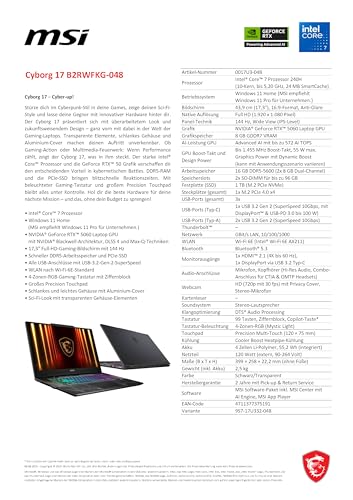 MSI Cyborg 17, Gaming-Laptop, 17,3" Full-HD 144 Hz Display, Intel Core 7 240H, NVIDIA GeForce RTX 5060, 16 GB DDR5, 1 TB SSD, Windows 11 Home, B2RWFKG-048