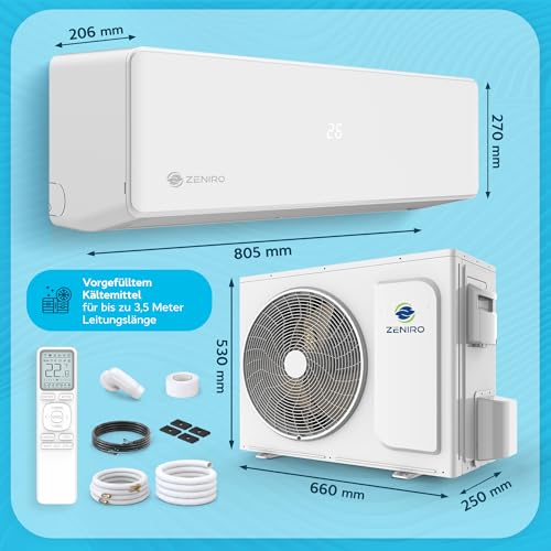 ZENIRO Klimaanlage Split Set - Reine Luft mit Ionisator - WiFi/App-Funktion Klimagerät Kühlen A++/Heizen A+ 3,2kW 12000 BTU Sehr Leise - Fernbedienung, Timerfunktion - Montagematerial