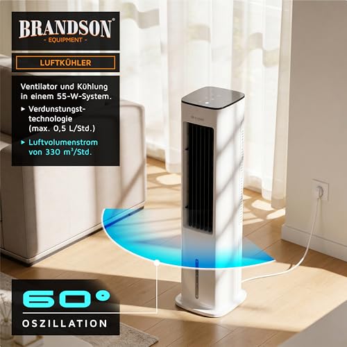 Brandson Luftkühler Wasserkühlung, Turmventilator, Fernbedienung, Weiß | Verdunstungskühler, Standventilator ohne Abluftschlauch, 5 Liter Wassertank, 2 Kühlakkus, 60° Oszillation, 3 Modi, Timer