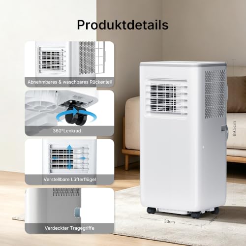 HEALLUX Mobile Klimaanlage 9000 BTU 2,6 kW, tragbares Klimagerät mit Fernbedienung & Abluftschlauch, 4-in-1: Kühlen, Lüften, Entfeuchten, Timer 24h, für Räume bis 40 m², Weiß
