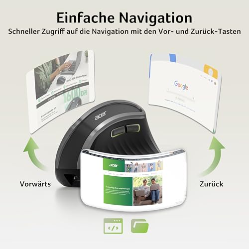 Acer 2.4G Ergonomische Maus, Vertikale Optische Maus Kabellos 1600 DPI, Wiederaufladbar Wireless Mouse, Funkmaus mit USB-A Empfänger für PC und Laptops, Kompatibel mit Windows, macOS, Linux usw.