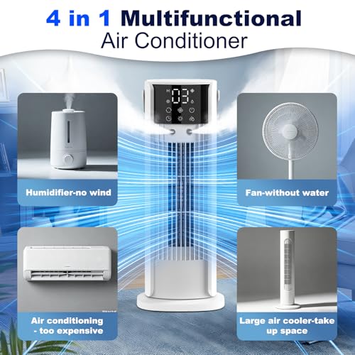 Klimaanlage Mobil, 4-In-1 Luftkühler mit Wasserkühlung, Mobile Klimaanlage con Tanque de 900ml, 3 Gebläsestufen, 90° Oszillation, LED-Display, Leise Klimaanlage mit Luftbefeuchter (Weiß)
