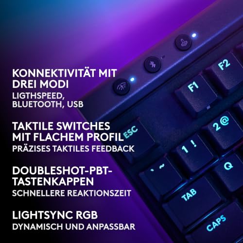 Logitech G G515 LIGHTSPEED TKL kabellose flache Gaming-Tastatur (Schwarz) | LIGHTSYNC RGB, dünnes Profil ohne Ziffernblock, PBT-Tastenkappen, taktile mechanische Switches, Deutsches QWERTZ-Layout