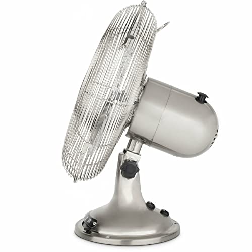 H.Koenig Elektrischer Tischventilator JOE48 Geräuschlos Metalldesign, 3 Geschwindigkeiten, Fest oder 90° Oszillation, Vertikal verstellbar, Rutschfester Fuß