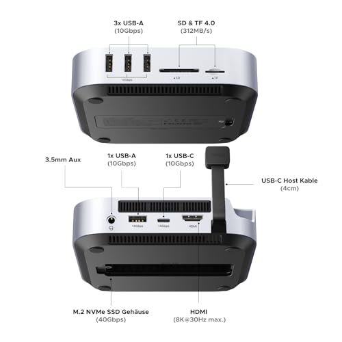 UGREEN Mac mini M4 Dock 40Gbps M.2 NVMe SSD Gehäuse, 5X 10Gbps USB-Anschlüsse, Docking Station mit HDMI(8K@30Hz max.) für Dual Display, SD/TF 4.0 & 3,5mm Aux – Kompatibel mit Mac mini M4/ M4 Pro