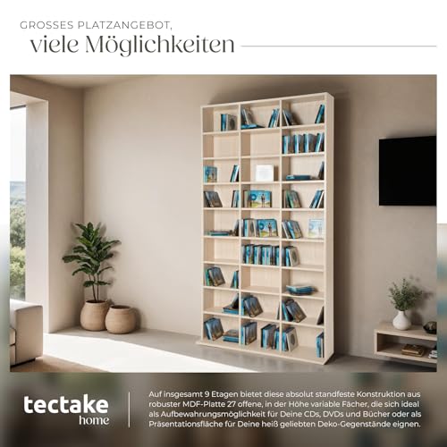 tectake Regal Aufbewahrung, offene Schrank Wand stehend für CDs, DVDs, als Bücherregal, Raumtrenner, Ständer oder Vitrine für Sammlungen und Hobby - buche