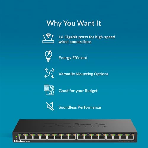 D-Link DGS-1016S 16-Port Unmanaged Gigabit Switch (ohne Lüfter, Low Profile Metallgehäuse, Desktop / Wandmontage, Plug-and-Play, 802.1p QoS, 802.3az EEE), schwarz