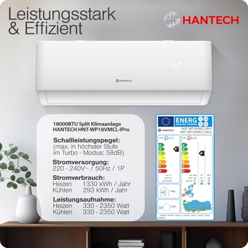 Split Klimaanlage 18000 BTU (bis 60m²) HANTECH H-PRO Heiz-&Kühlfunktion, Luftfilter, WIFI, Montagematerial