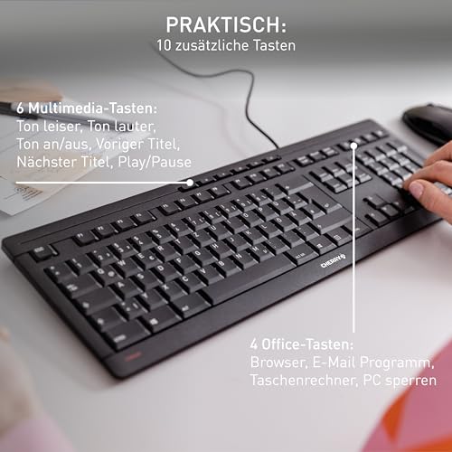 CHERRY Stream Keyboard, Kabelgebundene Tastatur, Deutsch QWERTZ, Weiß-Grau | Fullsize-Keyboard mit Nummernblock, für PC/Computer, Leiser Tastenanschlag, Flaches Design, USB-A Anschluss, 10 Zusatztasten
