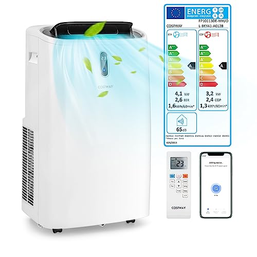 COSTWAY Klimaanlage mobil 14000BTU, Klimagerät mit Abluftschlauch, 5 in 1 Kühlen & Heizen & Entfeuchten & Belüften & Schlafmodus für Räume bis zu 135 m³, Fernbedienung/App, 24H Timer, 4100W, ≤57dB