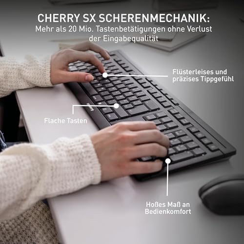 CHERRY STREAM DESKTOP RECHARGE, Tastatur und Maus, Deutsch QWERTZ, Schwarz | Kabellose Verbindung über 2,4 GHz Funk mit USB-Dongle, Leise Tasten, Flaches Design, Symmetrische Mouse, Wiederaufladbar