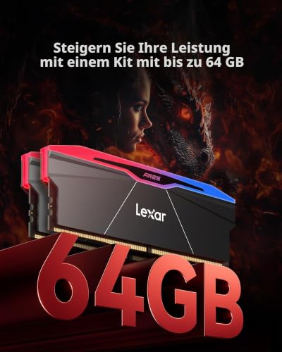 Lexar ARES Gen2 RGB DDR5 RAM 64 GB Kit (2 x 32 GB) 6000 MHz CL30, UDIMM Desktop-Speicher, 288-pin, interner Computerspeicher für Intel XMP 3.0/AMD EXPO/CL30-38-38-76/1,4V