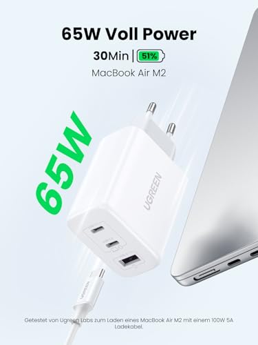 UGREEN USB C Ladegerät 65W, 3-Port kompaktes Netzteil, PPS Schnellladegerät | Laptop Charger, tragbar für unterwegs, kompatibel mit MacBook Pro/Air/Neo, iPad, iPhone 17, Galaxy S26 Ultra, Pixel