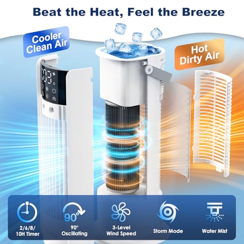 Klimaanlage Mobil, 4-In-1 Luftkühler mit Wasserkühlung, Mobile Klimaanlage con Tanque de 900ml, 3 Gebläsestufen, 90° Oszillation, LED-Display, Leise Klimaanlage mit Luftbefeuchter (Weiß)