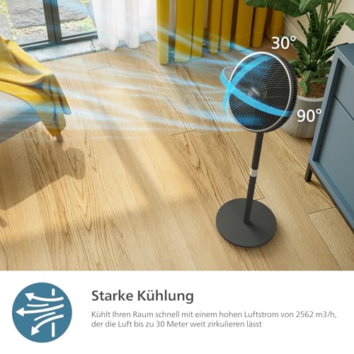 PHILIPS Standventilator Smart 3000 Serie, Schwarz, 2.562 m³/h Airflow | 125 cm, SilentWings-Techn. mit 19-46 dB(A), App, Timer, Neigung 30°, Oszillation 90°, gleichmäßige Luftumwälzung (CX3550/01)