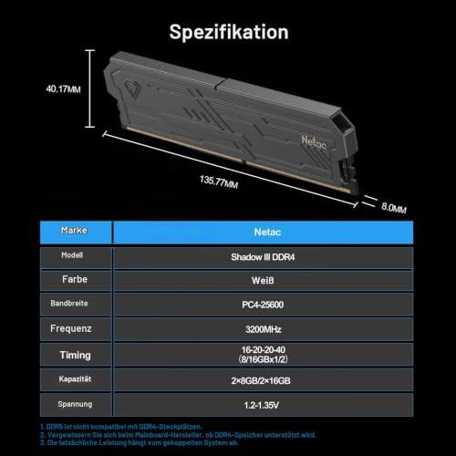 Netac DDR4 RAM 32GB Kit (2x16GB) 3200MHz DRAM 288-Pin UDIMM Desktop-Speicher CL16-20-20-40 1.35V Intel XMP 2.0 Computer-Speicher-Schwarz