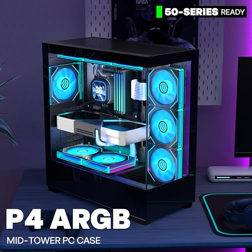 KEDIERS PC Gehäuse Vorinstallierter 7 × 120MM PWM ARGB Lüfter, ATX Mid Tower PC Gehäuse, Computergehäuse mit Panoramaaussicht Gehärtetes Glas Front Panel,Schwarz，P4 ARGB