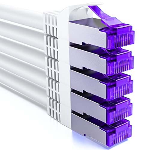 deleyCON 0,5m CAT7 Netzwerkkabel RJ45 10 Gigabit, 5 Stück - Weiß | Kurzes 50cm Patchkabel Ethernet Kabel, Kupfer, SFTP PiMF Schirmung, LAN DSL, Modem, Router, Patchpanel, CAT7 CAT6 CAT5