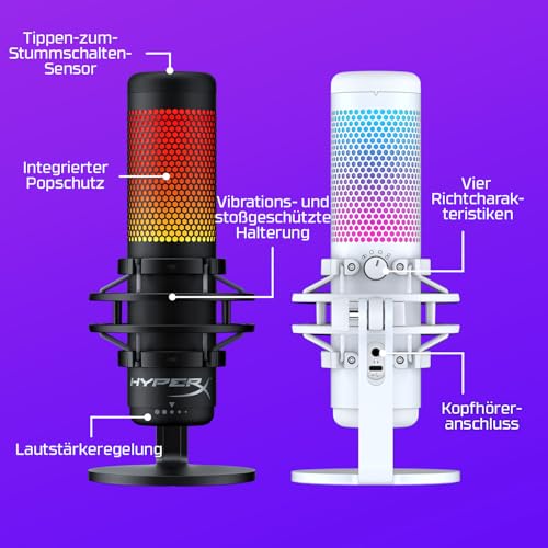 HyperX QuadCast S USB Mikrofon mit RGB-Beleuchtung | Streaming & Content Creation, Vibrationsgeschützte Halterung, Tap-to-Mute, Echtzeit-Mikrofonüberwachung