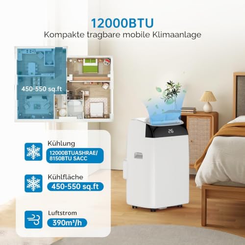 GarveeTech Tragbare Klimaanlage 12000 BTU, 4-in-1 Mobile Klimaanlage Ohne Außengerät Mit Kühlung/Entfeuchtung/Ventilation/Luftführung, Leiser Betrieb, Energieklasse A