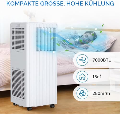 GarveeHome Mobile Klimaanlage 7000 BTU, 3-in-1 Klimagerät Mit Abluftschlauch, Leise, Digitaldisplay, Fernbedienung, 24h-Timer, Fenster-Installationsset, Für Räume Bis 15m² PLUS