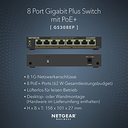 NETGEAR PoE Switch 8 Port, Managed Gigabit Ethernet LAN Switch GS308EP | 8 x PoE+ Ports @ 62W, Desktop/Wandmontage