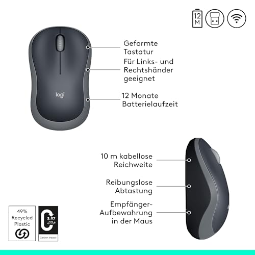 Logitech M185 Kabellose Maus, 2,4 GHz mit USB-Nano-Empfänger | 12 Monate Batterielaufzeit, 1000 DPI Optical Tracking, Für Links- und Rechtshänder, Kompatibel mit PC, Mac, Laptop - Grau
