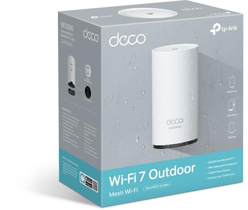 TP-Link Deco BE25-Outdoor Wi-Fi 7 Router | Dualband-WLAN bis zu 2.882 Mbit/s (5 GHz) + 688 Mbit/s (2,4 GHz) | 2× 2,5-Gbit/s-Ports | 802.3at PoE/AC-Stromversorgung | ideal für Garten und Terrasse
