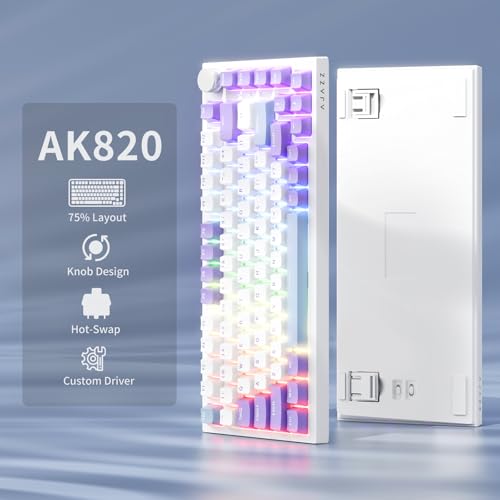 AJAZZ AK820 Wired Mechanical Keyboard, 75% Gaming Keyboard with Volume Control Knob, PBT Keycaps, 82 Keys, Five-Layer Sound Insulation Pad, South-Oriented RGB, Full-Key Hot Swap, Blue White Purple
