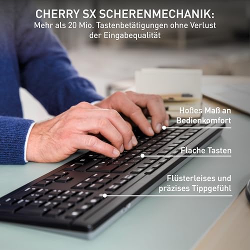 CHERRY Stream Desktop Comfort, Tastatur und Maus, Deutsch QWERTZ, Schwarz | Kabellose Verbindung über 2,4 GHz Funk mit USB-Dongle, Leise Tasten, Ergonomische Mouse für Rechtshänder, Batteriebetrieben