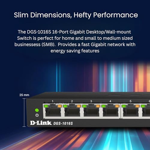 D-Link DGS-1016S 16-Port Unmanaged Gigabit Switch (ohne Lüfter, Low Profile Metallgehäuse, Desktop / Wandmontage, Plug-and-Play, 802.1p QoS, 802.3az EEE), schwarz