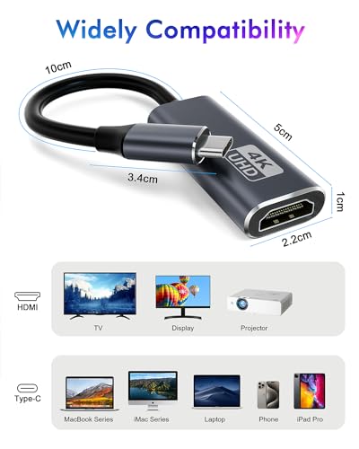 USB C auf HDMI Adapter, USB C HDMI 4K Adapter Kompatibel mit Thunderbolt 3/4, Video Audio Ausgang für iPhone 15/16/17, MacBook Pro/Air, Pixelbook, XPS,Galaxy S/Note, Surface Pro, Dell XPS