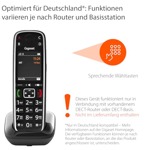 Gigaset E720HX - DECT-Mobilteil mit Ladeschale - Fritzbox-kompatibel - Schnurloses Senioren-Telefon für Router und DECT-Basis - Bluetooth-sprechende Wähltasten, schwarz [Deutsche Version][Ohne Basis]