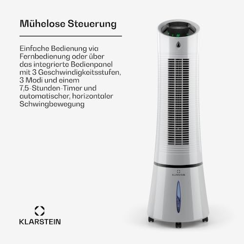 Klarstein Luftkühler mit Wasserkühlung, 5-in-1 Verdunstungskühler, Luftbefeuchter, Ventilator, Luftreiniger & Nachtmodus, Mobile Klimageräte Luftkühler 6L, 45 Watt Air Cooler, 180 m³/h Luftstrom