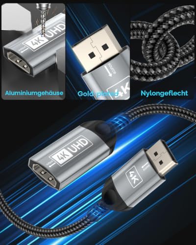 Nersligek 4K DisplayPort auf HDMI Adapter, Unidirektional DP (Display Port) Stecker auf HDMI Buchse Konverter Kompatibel mit Lenovo, HP, Dell, AMD, NVIDIA, Mehr Passiv
