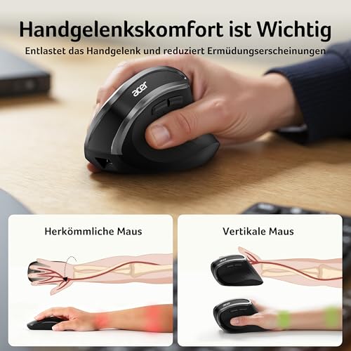Acer 2.4G Ergonomische Maus, Vertikale Optische Maus Kabellos 1600 DPI, Wiederaufladbar Wireless Mouse, Funkmaus mit USB-A Empfänger für PC und Laptops, Kompatibel mit Windows, macOS, Linux usw.