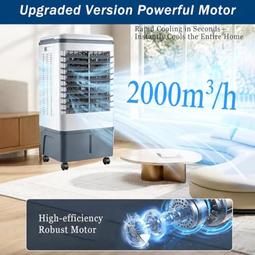 Verdunstungskühler Mit 20L Tank, Klimagerät Ohne Abluftschlauch Mit Wasserkühlung, 3 Geschwindigkeiten, Schwenkbar nach links und rechts, 7,5h Timer – Ideal Für Zuhause, Wohnung, Camping